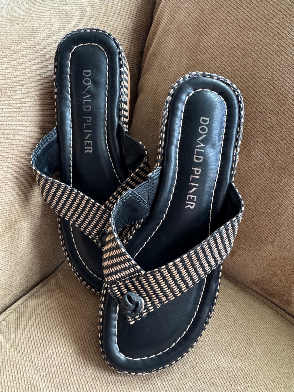 Donald J. Pliner Black and Tan Woven Thong Sandals - Leather Footbed